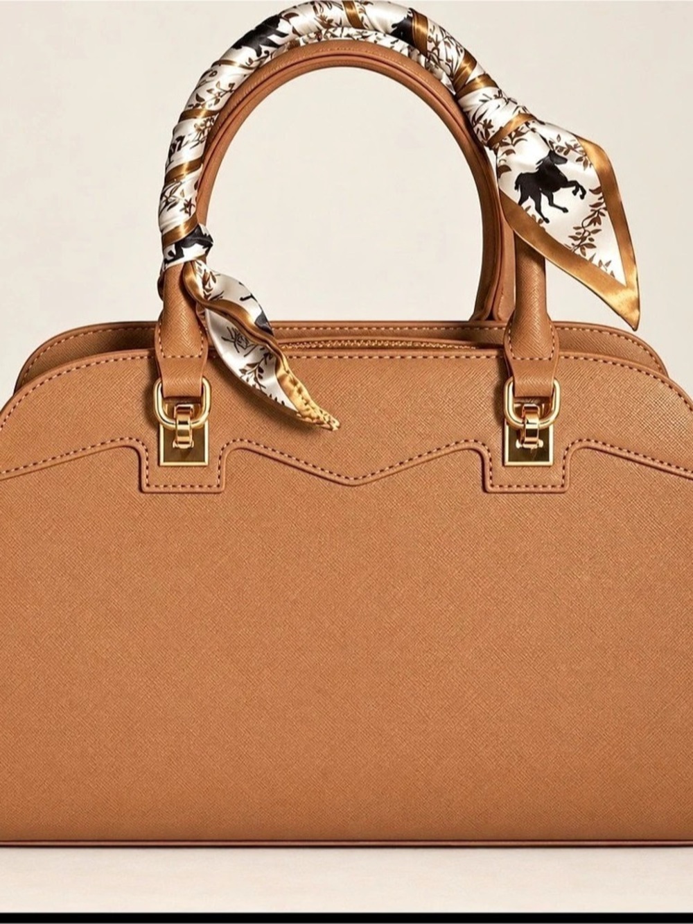 LA TERRE Camel Vegan Leather Satchel with Horse Print Scarf
